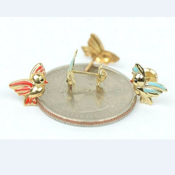 Solid 14k Yellow Gold Beautiful Enamel Bird Screw Back Earrings - Picture 1 of 3